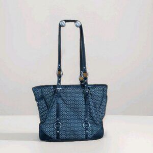 Coach F11527 Signature Jacquard Tote Shoulder Bag Black Gray Leather Trim Clean